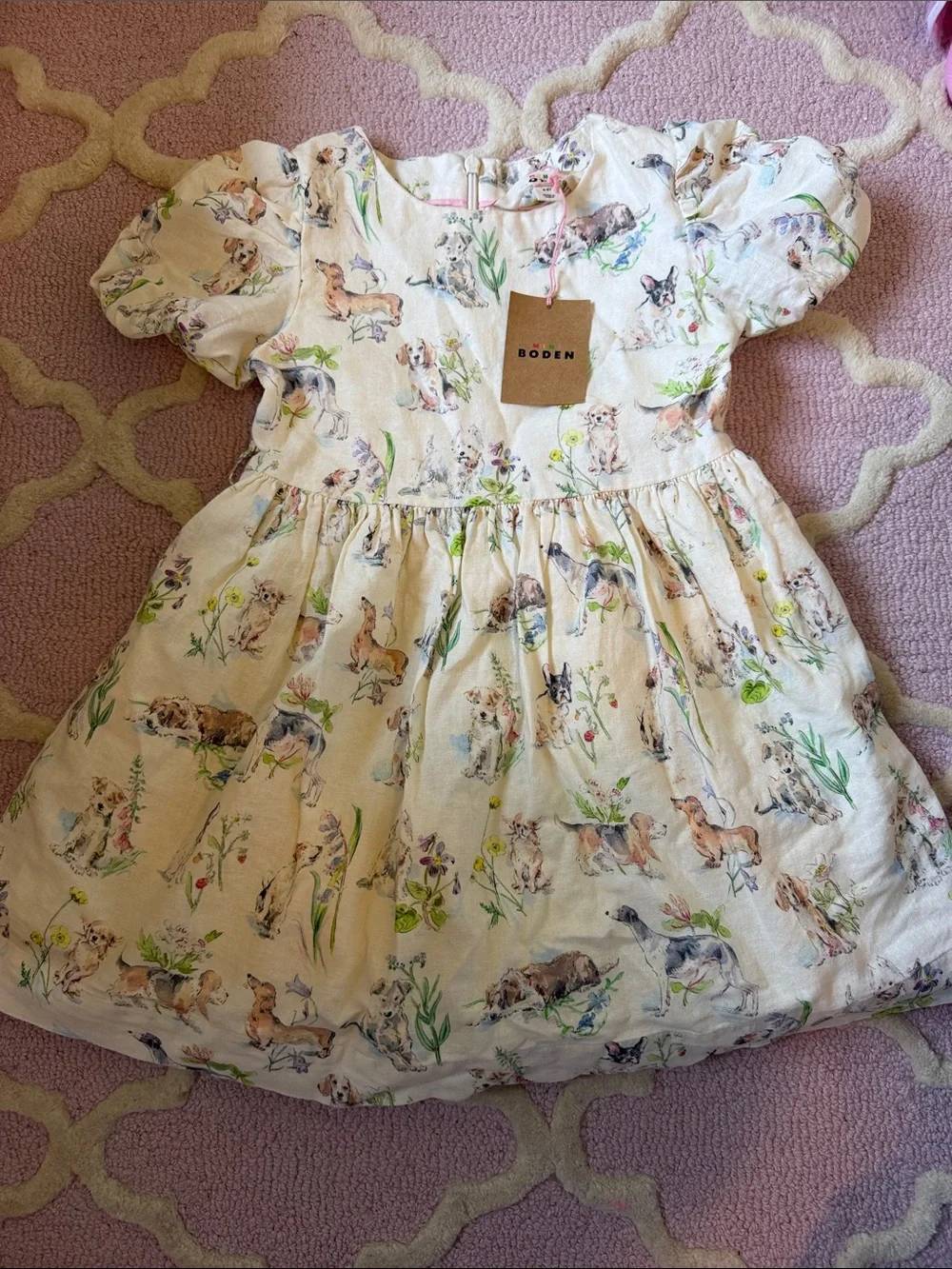 Boden Cream Dress with Puppy & Floral Print